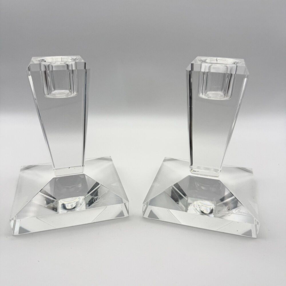 Oleg Cassini Alanna Signed Crystal Taper Candlestick Holders 4" Modern Pair